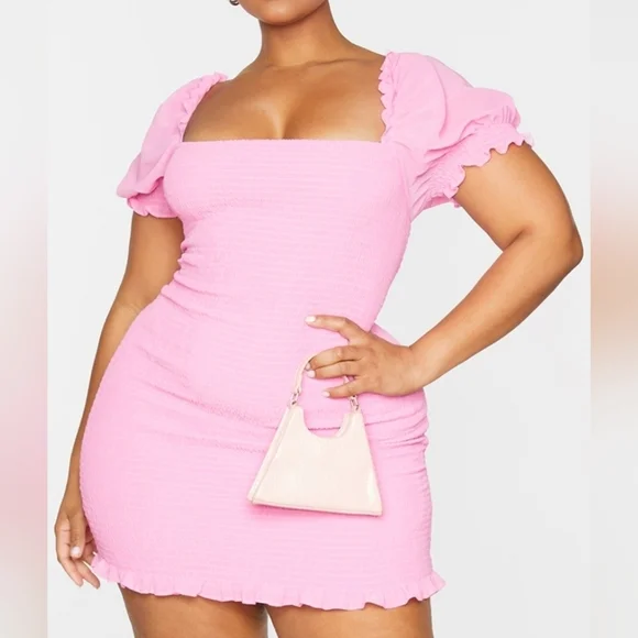 16 • PrettyLittleThing • Pink Square Neck Puff Sleeve Shirred BodyCon Mini Dress - Picture 3 of 5